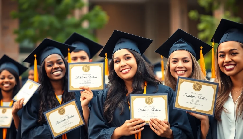 Celebrate success with graduates joyfully displaying their diplomas; buy diploma today for your achievement.