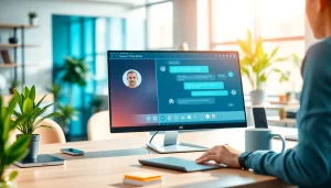 Engaging with an AI chat bot in a modern workspace, highlighting user interaction and advanced technology.