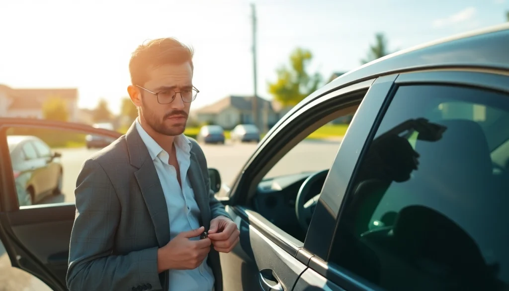 Driver distressed after keys locked in car, searching pockets in a sunny parking lot.