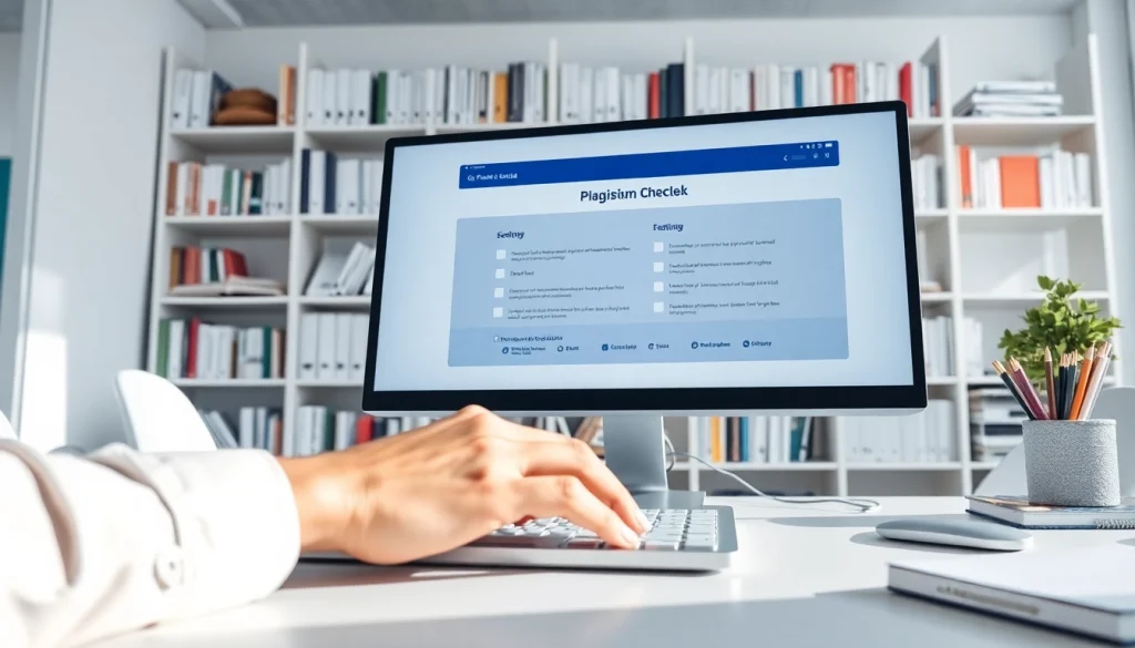 Utilize the plagiarism checker displayed on a professional computer screen in an office.