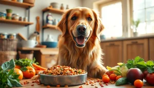 Dog happily eating nature's blend dog food canada in a sunny kitchen, showcasing health and wellness.