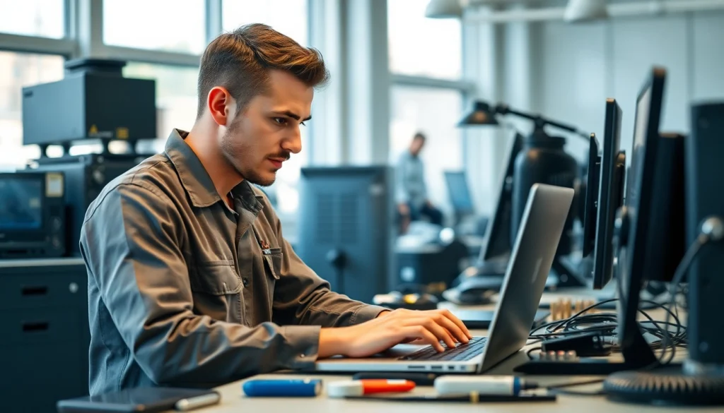 Technician providing computer service by repairing a laptop in a well-lit workspace.