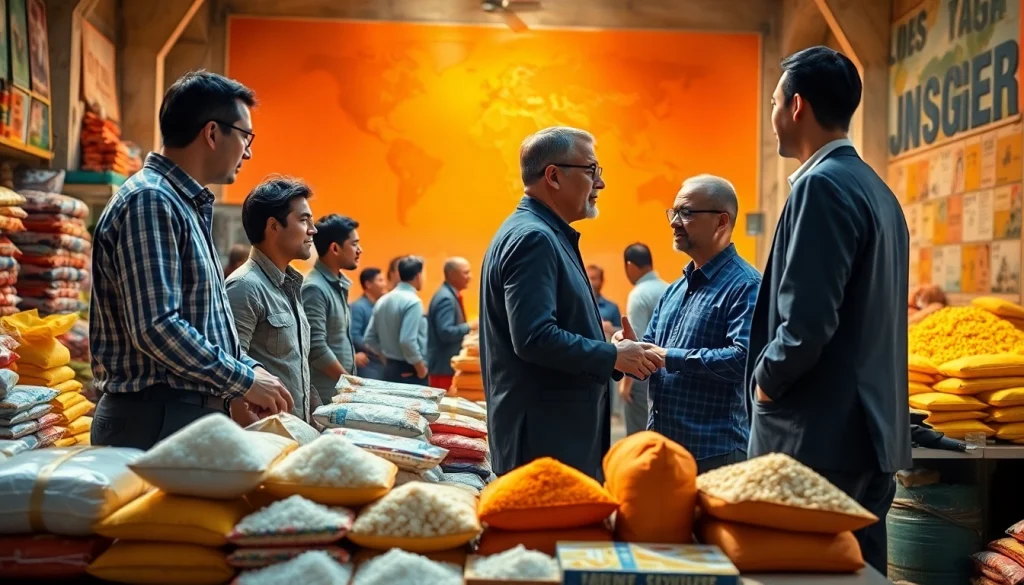Sugar buyers discussing transactions related to diverse sugar products in a vibrant marketplace.