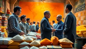 Sugar buyers discussing transactions related to diverse sugar products in a vibrant marketplace.