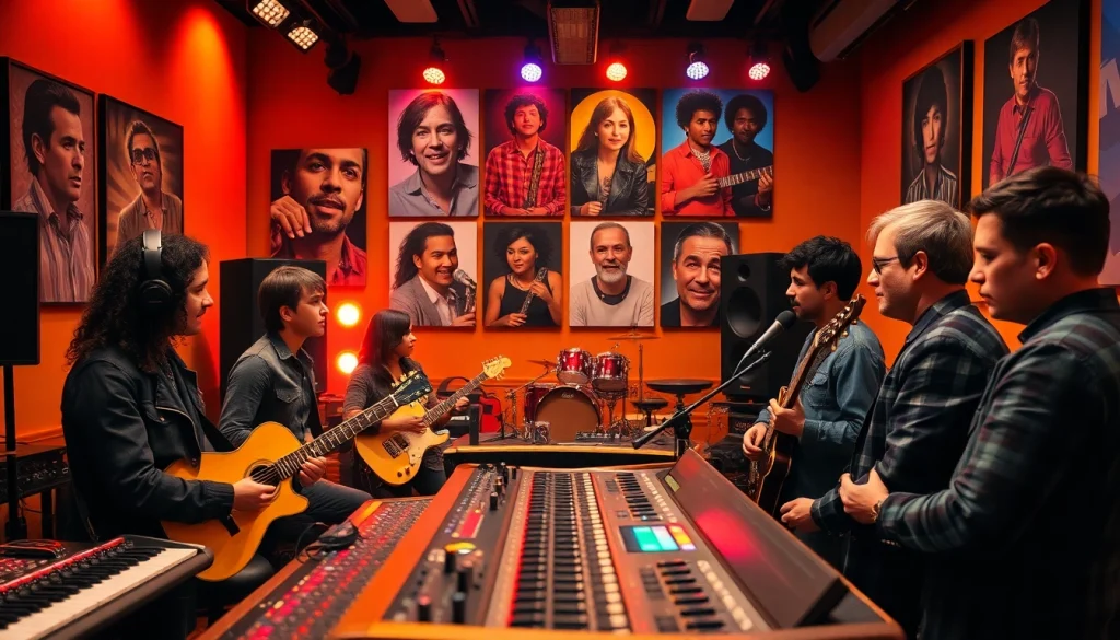 Engaging scene illustrating music promotion services with diverse musicians in a recording studio.