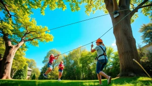 Children using a GARDEN ZIP WIRE KIT amidst greenery, showcasing fun and safety.