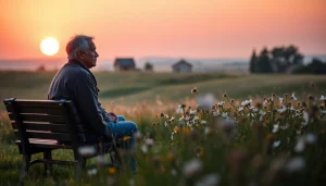A reflective scene dealing with grief, showing a person on a bench surrounded by wildflowers at sunset.