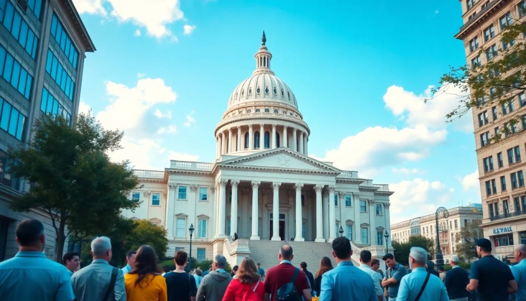 Government building representing civic engagement and democracy with active citizens discussing.