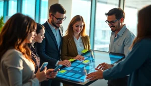 Collaborators engaged in website design on a touchscreen in a vibrant office environment.