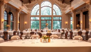 Elegant and inviting event space set for a gala dinner, showcasing luxurious decor.