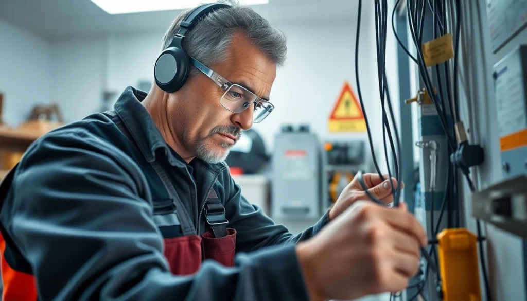 Electrician Clearwater expertly working on residential wiring with safety gear and tools.