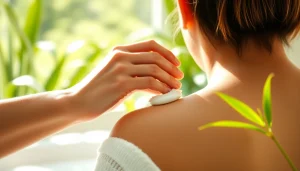 Apply CBD Cream Canada for pain relief in a serene spa environment, showcasing calming greenery.