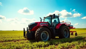 Massey Ferguson Traktor auf einem Feld mit fruchtbarem Boden analysiert die Landwirtschaft.