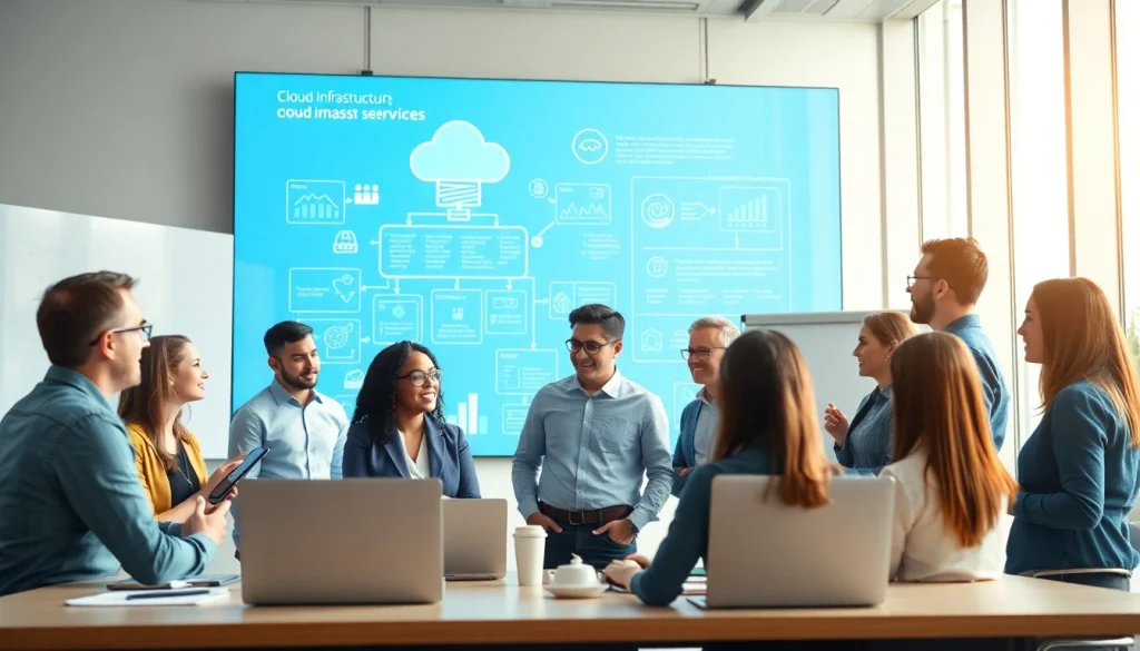 Discover a professional collaboration scene focused on Cloud infrastructure and DevOps services in a modern office.
