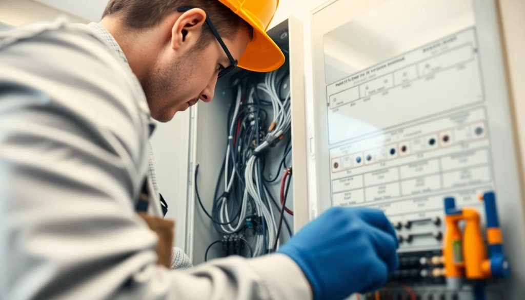 Electrician performing an Electrical Service panel installation, focusing on precision and safety.