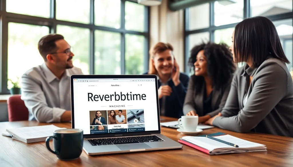 Team brainstorming around the Reverbtime Magazine project in a bright office space.