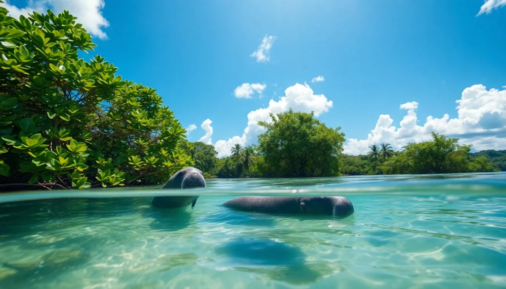 Manatees Puerto Rico swimming in a serene lagoon with vibrant greenery.