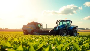 New Holland Traktor arbeitet in einem weitläufigen Feld mit gesunden Pflanzen.