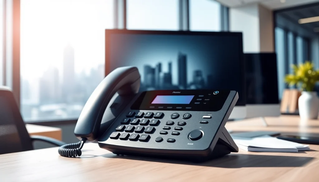 IP Phone prominently displayed in a modern office, emphasizing professional communication.
