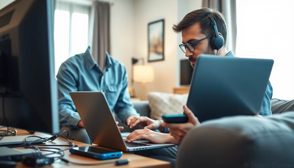 Residential IT support technician working on a laptop in a cozy home setting.