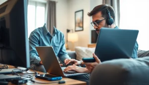 Residential IT support technician working on a laptop in a cozy home setting.