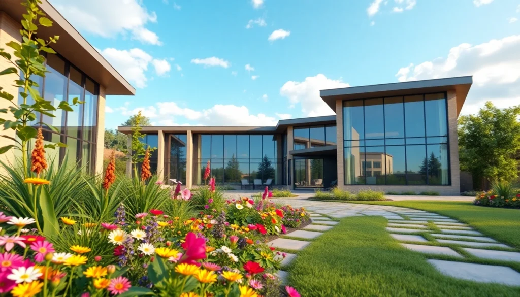 Architektur Visualisierung eines modernen Wohngebäudes mit lebendigem Garten und großen Fenstern.