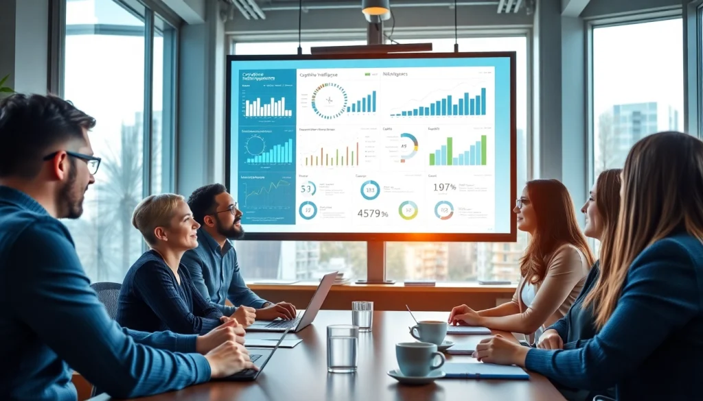 Team analyzing competitive intelligence data during a business meeting.