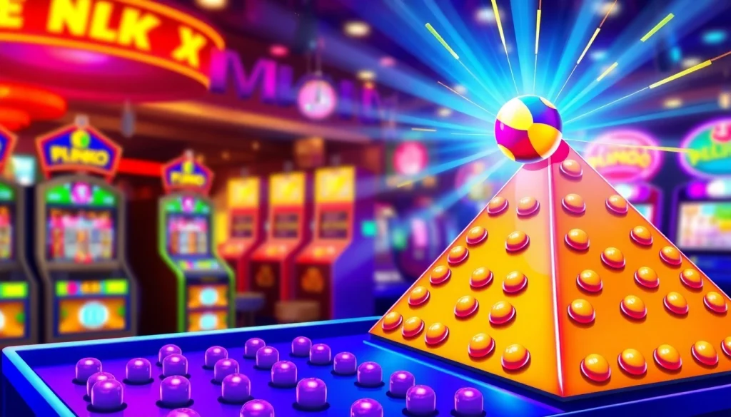 Permainan plinko slot dengan bola berwarna-warni yang jatuh di papan piramida.