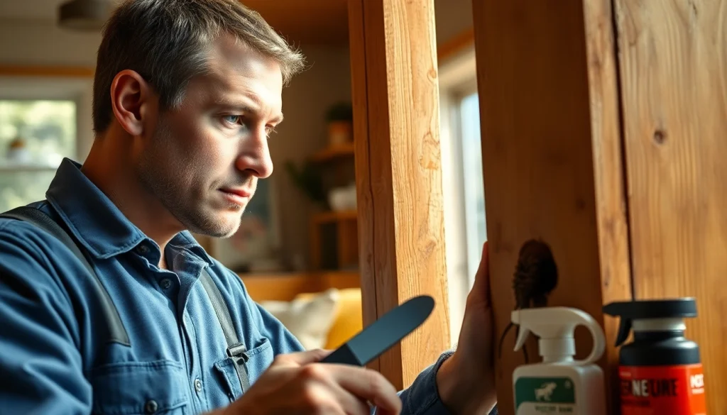 Expert assessing termite damage and discussing termite treatments in a home environment.