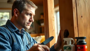Expert assessing termite damage and discussing termite treatments in a home environment.