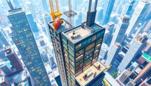 Sim tower game interface showcasing a vibrant skyscraper management simulation.