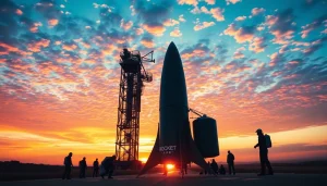 Capture the excitement of a revenue rocket lab launch with engineers preparing the rocket in a vibrant sunset.