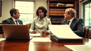 Eminent domain lawyer guiding clients through legal processes in a well-lit office.