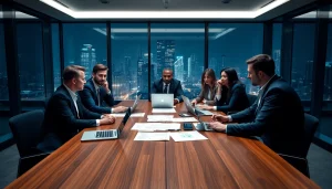 Engaged professionals strategizing on Debt Collection Outsourcing in a modern office environment.