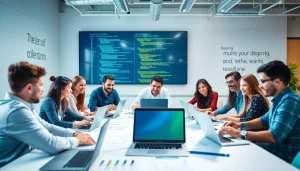 Developers actively engaged in web development projects in a modern office setting.