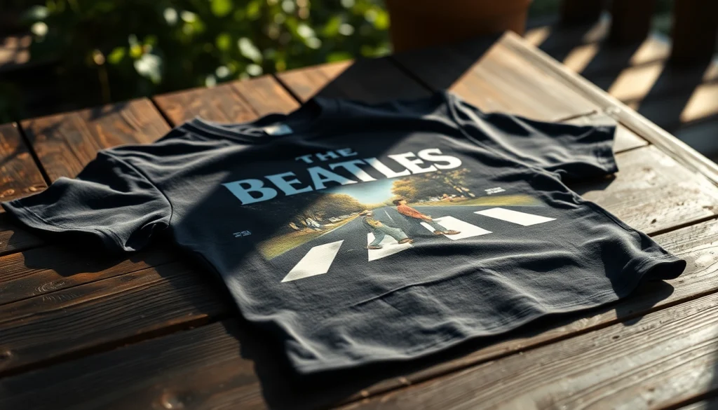 Display of a beatles abbey road shirt featuring vibrant album cover artwork on a rustic surface.