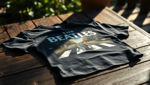 Display of a beatles abbey road shirt featuring vibrant album cover artwork on a rustic surface.