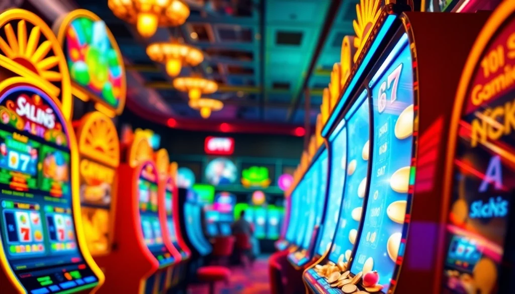 Putar game slot dengan berbagai mesin berwarna-warni di kasino mewah.