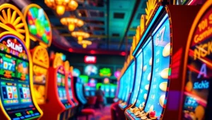 Putar game slot dengan berbagai mesin berwarna-warni di kasino mewah.