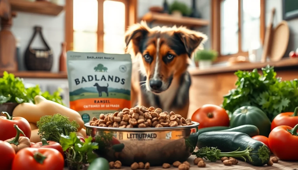 Showcase badlands ranch dog food surrounded by fresh ingredients to illustrate quality and nutrition.