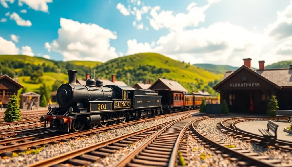Experience the nostalgia of railroad tycoon free download with a vibrant, detailed model railway scene featuring a bustling station.