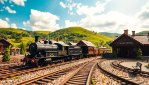 Experience the nostalgia of railroad tycoon free download with a vibrant, detailed model railway scene featuring a bustling station.
