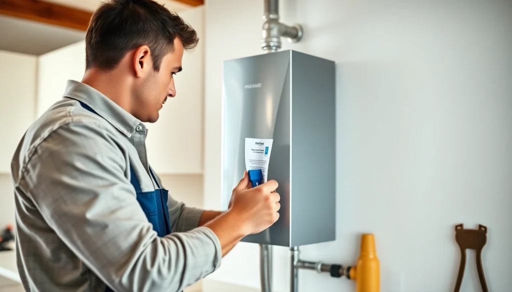 Plumber performing water heater installation in Raleigh, showing a modern sleek unit being set up.