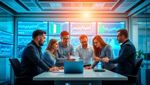 Site reliability engineering experts collaborating in a high-tech office environment.