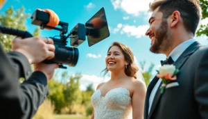 Edmonton videographer capturing a joyful wedding scene in a vibrant outdoor setting.
