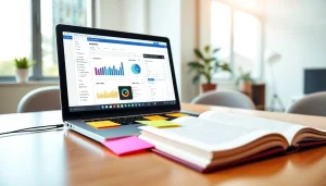 Visual representation of social media and blog automation tools on a modern laptop in a creative workspace.