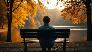 Reflect on relationship breakup in serene park setting with autumn colors.