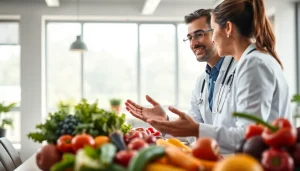 Client discussing the best diet for lose weight with a professional dietician amidst fresh produce.