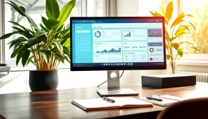 Engaging visual of social media and blog automation tools in a professional workspace.
