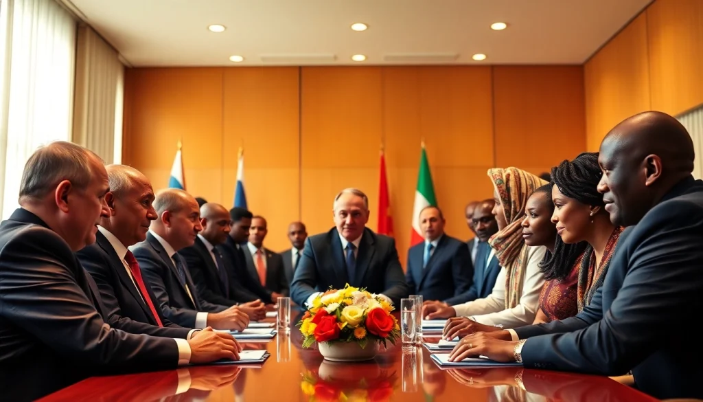 Showcasing Russia Africa relations, leaders shake hands during a cooperative summit, symbolizing partnership and growth.
